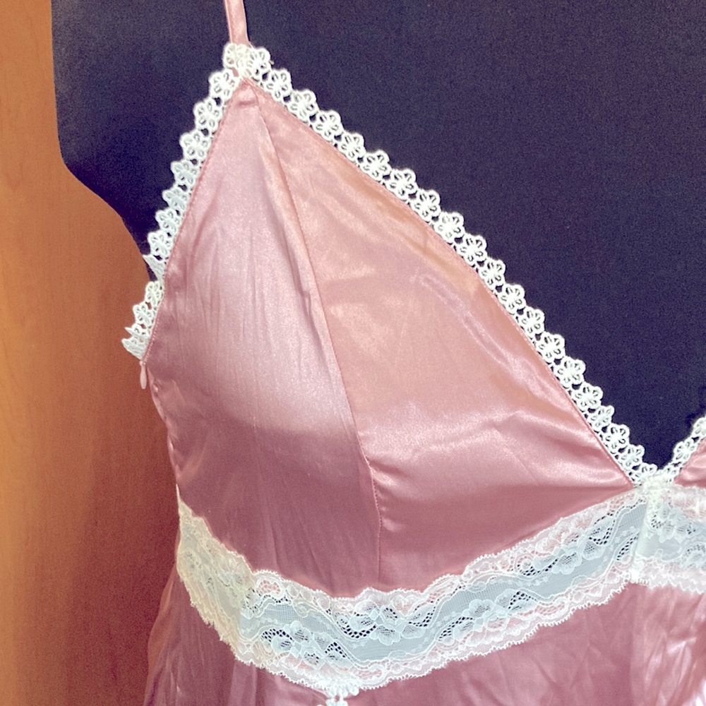 Dusty pink satin slip dress nightie with lace trim and side zip 4XL - Picture 2 of 7
